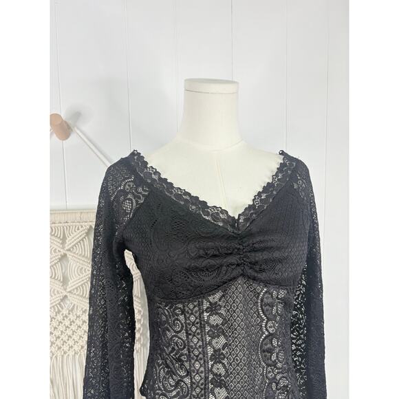 Good Luck Gem Black Sheer Lace Long Sleeve Blouse Womens Large Witchy Gothic - Picture 3 of 9
